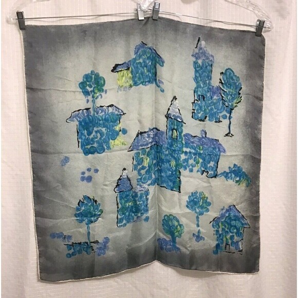 Vintage Womens Silk Scarf Gray Blue Village Motifs Church 30"x30" Square - Picture 6 of 6